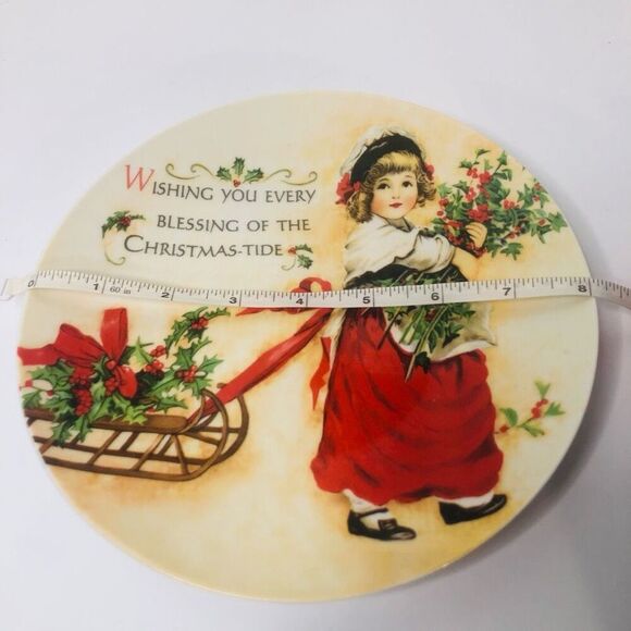 vintage old world christmas plate girl with holly and sleigh 8 inch - Picture 3 of 5